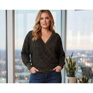 JM Collection Metallic Gold & Black Ribbed Surplice Wrap Sweater - Plus Size 3X
